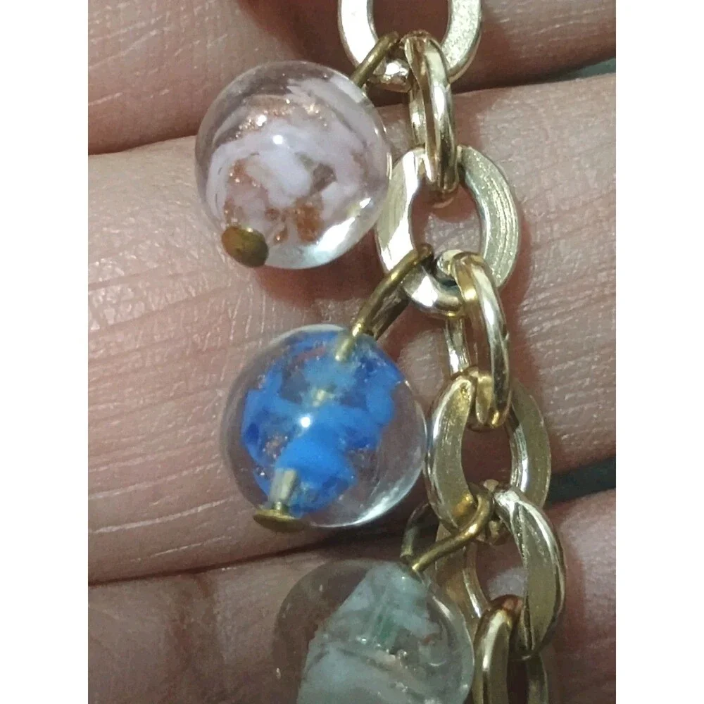 Murano Glass Red Green Blue Pink Yellow Charm Gold Tone Vintage Bracelet